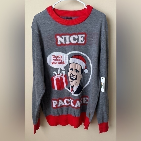 Tipsy Elves Men's Nice Package Michael Scott Sweater (Size XL, Gray/Red) - Picture 1 of 3